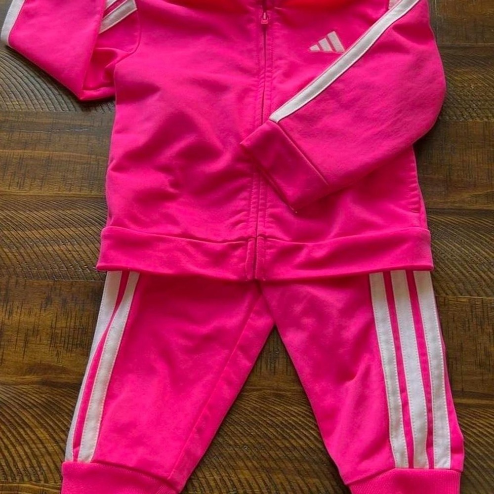 Adidas Girls Size 12M 2pc Pink/White Strips Sweatsuit Jacket & Pants